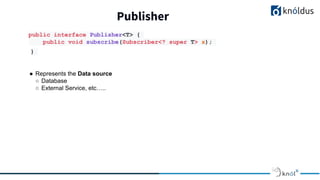 Publisher
public interface Publisher<T> {
public void subscribe(Subscriber<? super T> s);
}
● Represents the Data source
○ Database
○ External Service, etc…..
 
