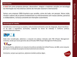 Quem Somos




                                                                                                         QUEM SOMOS - METODOLOGIA DE TRABALHO
A vinit tem como proposta planejar, desenvolver, integrar e implantar soluções em tecnologia
da informação nos mais diversos setores do mercado nacional e internacional.

Somos uma empresa 100% brasileira que acredita, acima de tudo, em pessoas. Nossa visão,
missão e valores são os pilares fundamentais no relacionamento com nossos clientes, parceiros
e colaboradores, na busca constante de interações sustentáveis.


Metodologia de Trabalho

Consideramos essencial que os projetos, tanto de desenvolvimento como de integração, devam beneficiar-
se de toda a experiência acumulada, traduzida na forma de métodos e melhores práticas
reconhecidamente eficazes.




Dada esta consideração, adotamos o conjunto de práticas indicadas pelo PMI (Project Management
Institute), sendo que nossos gerentes são certificados PMP (Project Management Professional).



Da mesma forma, adotamos um conjunto de práticas extraídas do Unified Process, da IBM, como conjunto
geral para a condução de projetos de desenvolvimento de sistemas.

Entretanto, sempre que oportuno, adotamos também práticas Ágeis.
 