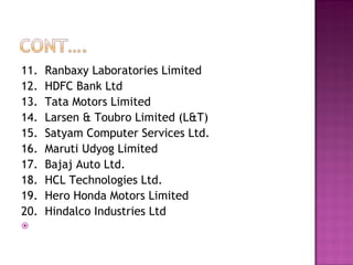 11.  Ranbaxy Laboratories Limited 12.  HDFC Bank Ltd 13.  Tata Motors Limited 14.  Larsen & Toubro Limited (L&T) 15.  Satyam Computer Services Ltd. 16.  Maruti Udyog Limited 17.  Bajaj Auto Ltd. 18.  HCL Technologies Ltd. 19.  Hero Honda Motors Limited 20.  Hindalco Industries Ltd 