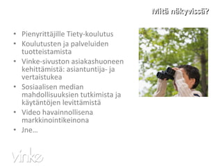 Mitä näkyvissä? Pienyrittäjille Tiety-koulutus Koulutusten ja palveluiden tuotteistamista Vinke-sivuston asiakashuoneen kehittämistä: asiantuntija- ja vertaistukea Sosiaalisen median mahdollisuuksien tutkimista ja käytäntöjen levittämistä Video havainnollisena markkinointikeinona Jne… 