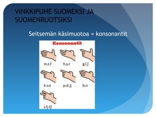 VINKKIPUHE SUOMEKSI JA
SUOMENRUOTSIKSI
   Seitsemän käsimuotoa = konsonantit
 