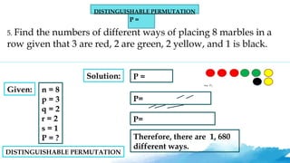 5. Find the numbers of different ways of placing 8 marbles in a
row given that 3 are red, 2 are green, 2 yellow, and 1 is black.
Given: n = 8
p = 3
q = 2
r = 2
s = 1
P = ?
Solution: P =
P=
P=
Therefore, there are 1, 680
different ways.
DISTINGUISHABLE PERMUTATION
DISTINGUISHABLE PERMUTATION
P =
 