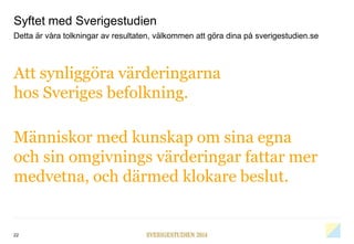 Syftet med Sverigestudien
Att synliggöra värderingarna
hos Sveriges befolkning.
Människor med kunskap om sina egna
och sin omgivnings värderingar fattar mer
medvetna, och därmed klokare beslut.
22
Detta är våra tolkningar av resultaten, välkommen att göra dina på sverigestudien.se
 
