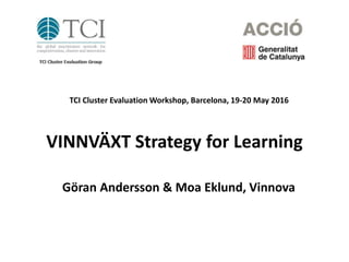VINNVÄXT Strategy for Learning
Göran Andersson & Moa Eklund, Vinnova
TCI Cluster Evaluation Workshop, Barcelona, 19-20 May 2016
 