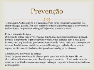 
Prevenção
O mosquito Aedes aegypti é o transmissor do vírus e suas larvas nascem e se
criam em água parada. Por isso, evitar esses focos da reprodução desse vetor é a
melhor forma de prevenir a dengue! Veja como eliminar o risco:
Evite o acúmulo de água
O mosquito coloca seus ovos em água limpa, mas não necessariamente potável.
Por isso é importante jogar fora pneus velhos, virar garrafas com a boca para
baixo e, caso o quintal seja propenso à formação de poças, realizar a drenagem do
terreno. Também é necessário lavar a vasilha de água do bicho de estimação
regularmente e manter fechadas tampas de caixas d'água e cisternas.
Coloque areia nos vasos de plantas
O uso de pratos nos vasos de plantas pode gerar acúmulo de água. Há três
alternativas: eliminar esse prato, lavá-lo regularmente ou colocar areia. A areia
conserva a umidade e ao mesmo tempo evita que e o prato se torne um criadouro
de mosquitos.
 