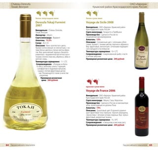 Chateau Dereszla                                                                                         ОАО «Аврора»
     Токай, Венгрия                                                               Крымский район Краснодарского края, Россия



                                белое полусладкое вино                     белое сухое вино
                                Dereszla Tokaji Furmint                    Voyage de Sicile 2008
                                2007
                                                                           Винодельня: ОАО «Аврора», Крымский район
                                Винодельня: Chateau Dereszla,              Краснодарского края, Россия
                                Токай, Венгрия                             Сорта винограда: Катаратто и Треббьяно
                                Импортер: «Форт»                           Производство: Сделано в России из
                                Сорта винограда: Фурминт                   Сицилийских виноматериалов
                                Алкоголь: 13,5%                            Алкоголь: 13%
                                Сахар: 26,5 г/л                            Описание: Соломенный цвет с зелеными отбле-
                                                                           сками. Аромат с тонами цветов, персика и абрикоса.
                                Описание: Вино золотистого цвета.          Вкус фруктовый, элегантный с оттенками поджарен-
                                Аромат интенсивный, но элегантный, с но-   ного миндаля в послевкусии.
                                тами белых цветов и спелых желтых фрук-
                                тов. Вкус вина мягкий, хорошо сбаланси-    Температура сервировки: 10–12°C
                                рованный, с выраженной кислотностью и      Сопровождение: к маринованной рыбе, к пасте
                                тонами спелого персика, абрикоса, айвы и   и легким закускам
                                желтой сливы.                              Примерная розничная цена: 200 рублей
                                Температура сервировки: 11–12°C
                                 Сопровождение: к блюдам из бело-
                                  го мяса, зеленому салату с курицей,
                                   сухофруктам и кедровым орешкам,
                                    сырам и легким фруктовым десер-
                                     там. Рекомендуется также в качестве
                                      аперитива
                                       Примерная розничная
                                        цена: 260 рублей

                                                                           красное сухое вино
                                                                           Voyage de France 2006
                                                                           Винодельня: ОАО «Аврора», Крымский район
                                                                           Краснодарского края, Россия
                                                                           Сорта винограда: Мерло, Сира, Марселан.
                                                                           Производство: Сделано в России из виноматери-
                                                                           алов, происходящих из долины Роны
                                                                           Алкоголь: 14%
                                                                           Описание: Гранатовый цвет. В аромате домини-
                                                                           руют фруктовые тона черешни, черной смородины,
                                                                           чернослива с легкими нотами лакрицы. Вкус пряно-
                                                                           фруктовый, аккуратные танины.
                                                                           Температура сервировки: 16–18°C
                                                                           Сопровождение: к овощному и мясному рагу
                                                                           Примерная розничная цена: 200 рублей




64 Гид российского покупателя                                                                                         Гид российского покупателя   65
 