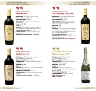 ОАО «Гёкгёль Винный Завод»                                                                            ЗАО АПК «Геленджик»
     Гёкгёльский район, Азербайджан                                                                  Краснодарский край, Россия



                    красное полусухое вино                             красное специальное вино
                    Хан Ахсу 2009                                      Хан Кюрдамир Кагор 2007
                    Винодельня: ОАО «Гёкгёль Винный Завод»,            Винодельня: ОАО «Гёкгёль Винный Завод»,
                    Гёкгёльский район, Азербайджан                     Гёкгёльский район, Азербайджан
                    Сорта винограда: Саперави                          Сорта винограда: Матраса
                    Производство: Брожение при контролируемых          Производство: Сбраживание сусла при вы-
                    температурах                                       соких температурах, спиртование, выдержка в
                    Алкоголь: 9–12%                                    дубовых бочках в течение 2 лет
                    Сахар: 18 г/л                                      Алкоголь: 16%
                    Описание: Рубиновый цвет. Аромат с тонами          Сахар: 160 г/л
                    спелых фруктов, сырными нотами. Вкус фруктовый.    Описание: Гранатовый глубокий цвет. Аромат
                    Температура сервировки: 16–18°C                    с тонами уваренных ягод, нотками пряностей.
                    Сопровождение: к блюдам из мяса, приготов-         Вкус полный, терпко-бархатистый, экстрактив-
                    ленного на гриле                                   ный, сладкий без приторности.
                    Примерная розничная цена: 140 рублей               Температура сервировки: 14–16°C
                                                                       Сопровождение: к сладким десертам и пиро-
                                                                       гам, к темному шоколаду
                                                                       Примерная розничная цена: 170 рублей




                    красное полусухое вино                             белое игристое полусладкое вино
                    Хан Гёкгёль 2009                                   Мадам Фирсова 2009
                    Винодельня: ОАО «Гёкгёль Винный Завод»,            Винодельня: ЗАО АПК «Геленджик»,
                    Гёкгёльский район, Азербайджан                     Краснодарский край, Россия
                    Сорта винограда: Каберне Совиньон                  Сорта винограда: Из белых сортов
                    Производство: Брожение при контролируемых          Производство: Изготовлено по технологии
                    температурах                                       непрерывной шампанизации
                    Алкоголь: 9–13%                                    Алкоголь: 10,5–12,5%
                    Сахар: 18 г/л                                      Сахар: 55–65 г/л
                    Описание: Рубиновый цвет. Аромат с тонами черной   Описание: Светло-соломенный цвет.
                    смородины. Вкус фруктовый.                         Быстро-опадающая шапка. Аромат цветочный
                    Температура сервировки: 16–18°C                    и сладостный вкус.
                    Сопровождение: к блюдам из мяса под ягодными       Температура сервировки: 6–8°C
                    соусами                                            Сопровождение: к фруктам и десертам.
                    Примерная розничная цена: 140 рублей               Примерная розничная
                                                                       цена: 150 рублей




68 Гид российского покупателя                                                                                   Гид российского покупателя   69
 