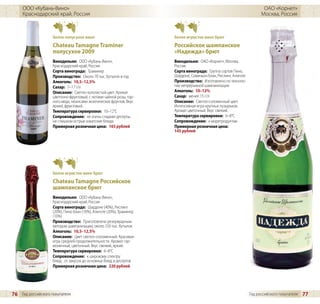 ООО «Кубань-Вино»                                                                                                  ОАО «Корнет»
     Краснодарский край, Россия                                                                                        Москва, Россия



                    белое полусухое вино                              белое игристое вино брют
                    Chateau Tamagne Traminer                          Российское шампанское
                    полусухое 2009                                    «Надежда» брют
                    Винодельня: ООО «Кубань-Вино»,                    Винодельня: ОАО «Корнет», Москва,
                    Краснодарский край, Россия                        Россия
                    Сорта винограда: Траминер                         Сорта винограда: Группа сортов Пино,
                    Производство: Около 70 тыс. бутылок в год         Шардоне, Совиньон Блан, Рислинг, Алиготе
                    Алкоголь: 10,5–12,5%                              Производство: Изготовлено по техноло-
                    Сахар: 7–17 г/л                                   гии непрерывной шампанизации
                    Описание: Светло-золотистый цвет. Аромат          Алкоголь: 10–12%
                    цветочно-фруктовый, с нотами чайной розы, гор-    Сахар: менее 15 г/л
                    ного меда, нюансами экзотических фруктов. Вкус    Описание: Светло-соломенный цвет.
                    яркий, фруктовый.                                 Интенсивная игра крупных пузырьков.
                    Температура сервировки: 10–12°C                   Аромат цветочный. Вкус свежий.
                    Сопровождение: не очень сладкие десерты,          Температура сервировки: 6–8°C
                    не слишком острые азиатские блюда                 Сопровождение: к морепродуктам
                    Примерная розничная цена: 165 рублей              Примерная розничная цена:
                                                                      145 рублей




                    белое игристое вино брют
                    Chateau Tamagne Российское
                    шампанское брют
                    Винодельня: ООО «Кубань-Вино»,
                    Краснодарский край, Россия
                    Сорта винограда: Шардоне (40%), Рислинг
                    (20%), Пино Блан (10%), Алиготе (20%), Траминер
                    (10%)
                    Производство: Приготовлено резервуарным
                    методом шампанизации, около 250 тыс. бутылок
                    Алкоголь: 10,5–12,5%
                    Описание: Цвет светло–соломенный. Красивая
                    игра средней продолжительности. Аромат гар-
                    моничный, цветочный. Вкус свежий, яркий.
                    Температура сервировки: 6–8°C
                    Сопровождение: к широкому спектру
                    блюд: от закусок до основных блюд и десертов
                    Примерная розничная цена: 220 рублей




76 Гид российского покупателя                                                                                    Гид российского покупателя   77
 