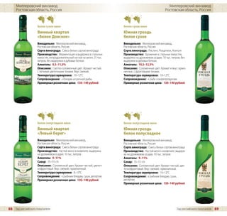 Миллеровский винзавод                                                                                   Миллеровский винзавод
     Ростовская область, Россия                                                                            Ростовская область, Россия



                    белое сухое вино                                       белое сухое вино
                    Винный квартал                                         Южная гроздь
                    «Белое Донское»                                        белое сухое
                    Винодельня: Миллеровский винзавод,                     Винодельня: Миллеровский винзавод,
                    Ростовская область, Россия                             Ростовская область, Россия
                    Сорта винограда: Смесь белых сортов винограда          Сорта винограда: Рислинг, Ркацители, Алиготе
                    Производство: Ферментация и выдержка в стальных        Производство: Брожение в стальных емкостях,
                    емкостях, непродолжительный настой на мезге, 25 тыс.   выдержка на дрожжевом осадке, 10 тыс. литров, без
                    литров, без выдержки в дубовых бочках                  выдержки в дубовых бочках
                    Алкоголь: 9,5–11,5%                                    Алкоголь: 10,5–12,5%
                    Описание: Светло-соломенный цвет. Аромат чистый,       Описание: Соломенный цвет. Аромат и вкус гармо-
                    с легкими цветочными тонами. Вкус свежий.              ничные, с фруктовыми тонами.
                    Температура сервировки: 10–12°C                        Температура сервировки: 10–12°C
                    Сопровождение: к блюдам из речной рыбы                 Сопровождение: к рыбе и морепродуктам
                    Примерная розничная цена: 130–140 рублей               Примерная розничная цена: 130–140 рублей




                    белое полусладкое вино                                 белое полусладкое вино
                    Винный квартал                                         Южная гроздь
                    «Левый берег»                                          белое полусладкое
                    Винодельня: Миллеровский винзавод,                     Винодельня: Миллеровский винзавод,
                    Ростовская область, Россия                             Ростовская область, Россия
                    Сорта винограда: Смесь белых сортов винограда          Сорта винограда: Смесь белых сортов винограда
                    Производство: Настой мезги в кювелите, выдержка        Производство: Настой мезги в кювелите, выдерж-
                    на дрожжевом осадке, 10 тыс. литров                    ка на дрожжевом осадке, 10 тыс. литров
                    Алкоголь: 9–11%                                        Алкоголь: 9–11%
                    Сахар: 35–55 г/л                                       Сахар: 35–55 г/л
                    Описание: Соломенный цвет. Аромат чистый, цветоч-      Описание: Соломенный цвет. Аромат чистый, цве-
                    нофруктовый. Вкус свежий, гармоничный.                 точнофруктовый. Вкус свежий, гармоничный.
                    Температура сервировки: 8–10°C                         Температура сервировки: 10–12°C
                    Сопровождение: к рыбным блюдам, суши, десертам         Сопровождение: к рыбным блюдам, суши,
                    Примерная розничная цена: 130–140 рублей               десертам
                                                                           Примерная розничная цена: 130–140 рублей




88 Гид российского покупателя                                                                                       Гид российского покупателя   89
 