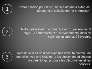 Notre passion pour le vin, nous a amené à aider les
débutants à séléctionner et progresser
Notre petite startup a grandit, avec 10 personnes, 9
pays, 25 sommeliers et 150 evènements, mais on
continue les apéros à l’aveugle.
Demain si tu as un diner avec des amis, tu ouvres une
bouteille avec une histoire, tu les challenges et chaque
mois c’est toi qui propose les découvertes et les
conseils.
1
2
3
 