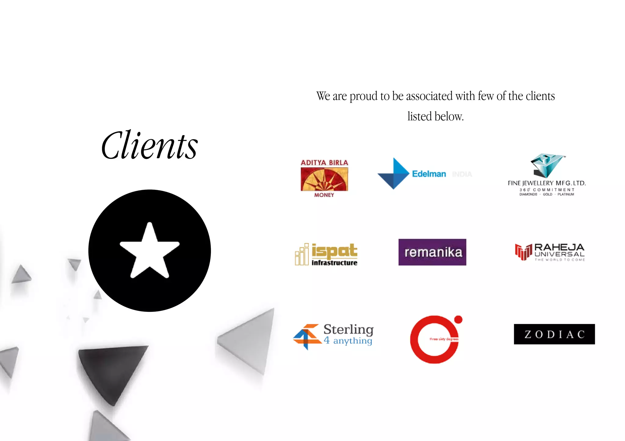 We are proud to be associated with few of the clients
listed below.
Clients
 