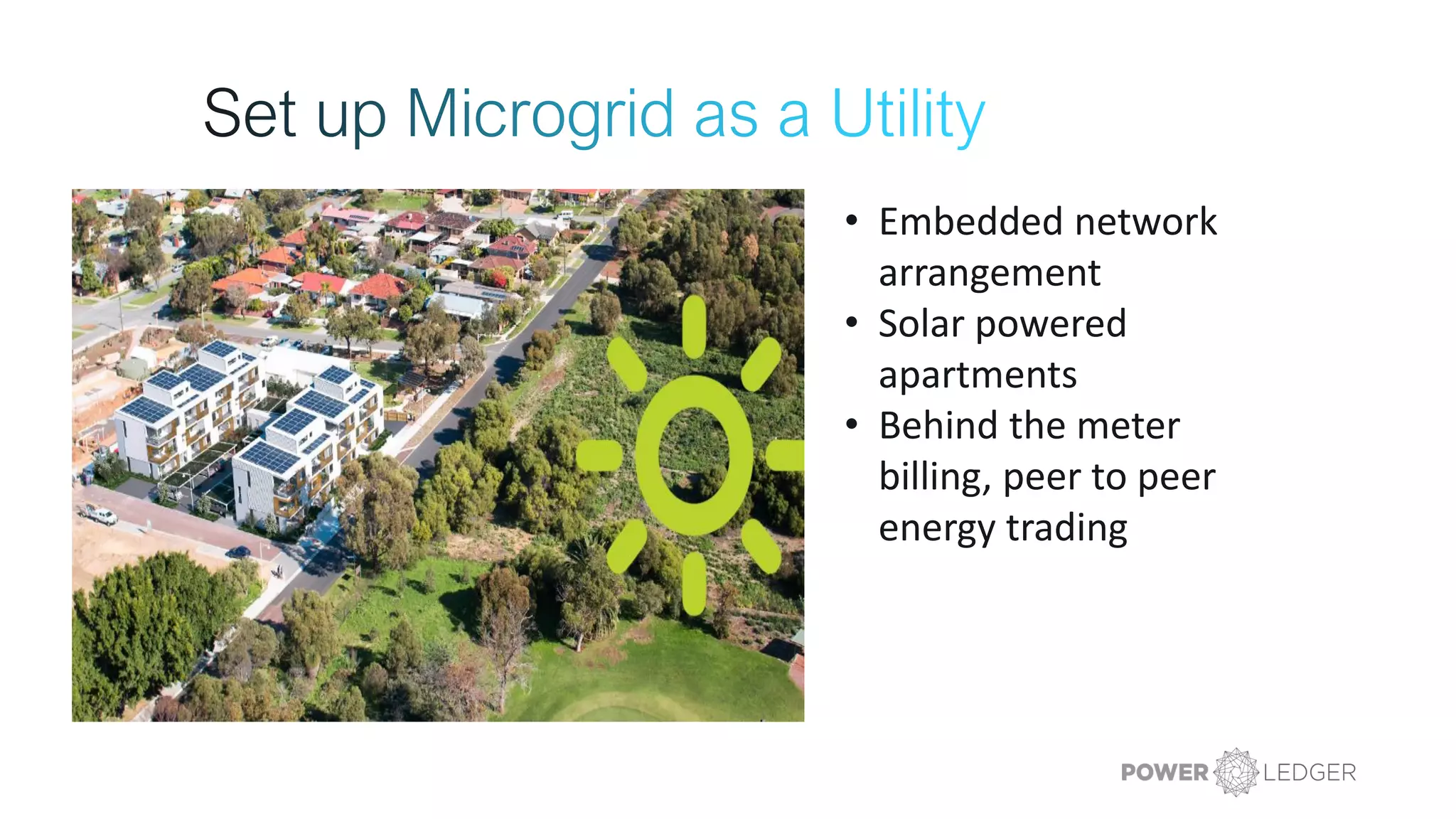 • Embedded network
arrangement
• Solar powered
apartments
• Behind the meter
billing, peer to peer
energy trading
 