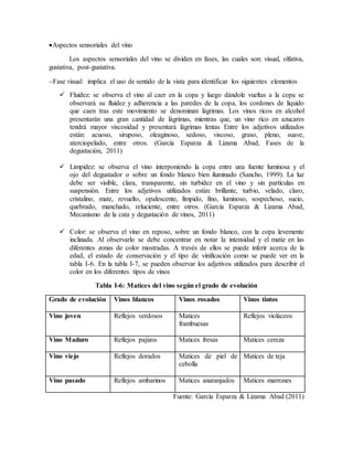 Aspectos sensoriales del vino
Los aspectos sensoriales del vino se dividen en fases, las cuales son: visual, olfativa,
gustativa, post-gustativa.
Fase visual: implica el uso de sentido de la vista para identificar los siguientes elementos
 Fluidez: se observa el vino al caer en la copa y luego dándole vueltas a la copa se
observará su fluidez y adherencia a las paredes de la copa, los cordones de líquido
que caen tras este movimiento se denominan lágrimas. Los vinos ricos en alcohol
presentarán una gran cantidad de lágrimas, mientras que, un vino rico en azucares
tendrá mayor viscosidad y presentará lágrimas lentas Entre los adjetivos utilizados
están: acuoso, siruposo, oleaginoso, sedoso, viscoso, graso, pleno, suave,
aterciopelado, entre otros. (García Esparza & Lizama Abad, Fases de la
degustación, 2011)
 Limpidez: se observa el vino interponiendo la copa entre una fuente luminosa y el
ojo del degustador o sobre un fondo blanco bien iluminado (Sancho, 1999). La luz
debe ser visible, clara, transparente, sin turbidez en el vino y sin partículas en
suspensión. Entre los adjetivos utilizados están: brillante, turbio, velado, claro,
cristalino, mate, revuelto, opalescente, límpido, fino, luminoso, sospechoso, sucio,
quebrado, manchado, reluciente, entre otros. (García Esparza & Lizama Abad,
Mecanismo de la cata y degustación de vinos, 2011)
 Color: se observa el vino en reposo, sobre un fondo blanco, con la copa levemente
inclinada. Al observarlo se debe concentrar en notar la intensidad y el matiz en las
diferentes zonas de color mostradas. A través de ellos se puede inferir acerca de la
edad, el estado de conservación y el tipo de vinificación como se puede ver en la
tabla I-6. En la tabla I-7, se pueden observar los adjetivos utilizados para describir el
color en los diferentes tipos de vinos
Tabla I-6: Matices del vino según el grado de evolución
Grado de evolución Vinos blancos Vinos rosados Vinos tintos
Vino joven Reflejos verdosos Matices
frambuesas
Reflejos violáceos
Vino Maduro Reflejos pajizos Matices fresas Matices cereza
Vino viejo Reflejos dorados Matices de piel de
cebolla
Matices de teja
Vino pasado Reflejos ambarinos Matices anaranjados Matices marrones
Fuente: García Esparza & Lizama Abad (2011)
 