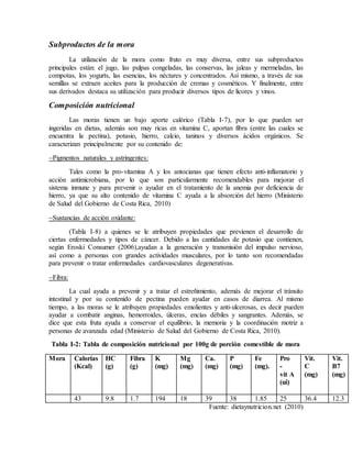Subproductos de la mora
La utilización de la mora como fruto es muy diversa, entre sus subproductos
principales están: el jugo, las pulpas congeladas, las conservas, las jaleas y mermeladas, las
compotas, los yogurts, las esencias, los néctares y concentrados. Así mismo, a través de sus
semillas se extraen aceites para la producción de cremas y cosméticos. Y finalmente, entre
sus derivados destaca su utilización para producir diversos tipos de licores y vinos.
Composición nutricional
Las moras tienen un bajo aporte calórico (Tabla I-7), por lo que pueden ser
ingeridas en dietas, además son muy ricas en vitamina C, aportan fibra (entre las cuales se
encuentra la pectina), potasio, hierro, calcio, taninos y diversos ácidos orgánicos. Se
caracterizan principalmente por su contenido de:
Pigmentos naturales y astringentes:
Tales como la pro-vitamina A y los antocianas que tienen efecto anti-inflamatorio y
acción antimicrobiana, por lo que son particularmente recomendables para mejorar el
sistema inmune y para prevenir o ayudar en el tratamiento de la anemia por deficiencia de
hierro, ya que su alto contenido de vitamina C ayuda a la absorción del hierro (Ministerio
de Salud del Gobierno de Costa Rica, 2010)
Sustancias de acción oxidante:
(Tabla I-8) a quienes se le atribuyen propiedades que previenen el desarrollo de
ciertas enfermedades y tipos de cáncer. Debido a las cantidades de potasio que contienen,
según Eroski Consumer (2006),ayudan a la generación y transmisión del impulso nervioso,
así como a personas con grandes actividades musculares, por lo tanto son recomendadas
para prevenir o tratar enfermedades cardiovasculares degenerativas.
Fibra:
La cual ayuda a prevenir y a tratar el estreñimiento, además de mejorar el tránsito
intestinal y por su contenido de pectina pueden ayudar en casos de diarrea. Al mismo
tiempo, a las moras se le atribuyen propiedades emolientes y anti-ulcerosas, es decir pueden
ayudar a combatir anginas, hemorroides, úlceras, encías débiles y sangrantes. Además, se
dice que esta fruta ayuda a conservar el equilibrio, la memoria y la coordinación motriz a
personas de avanzada edad (Ministerio de Salud del Gobierno de Costa Rica, 2010).
Tabla I-2: Tabla de composición nutricional por 100g de porción comestible de mora
Mora Calorías
(Kcal)
HC
(g)
Fibra
(g)
K
(mg)
Mg
(mg)
Ca.
(mg)
P
(mg)
Fe
(mg).
Pro
-
vit A
(ui)
Vit.
C
(mg)
Vit.
B7
(mg)
43 9.8 1.7 194 18 39 38 1.85 25 36.4 12.3
Fuente: dietaynutricion.net (2010)
 