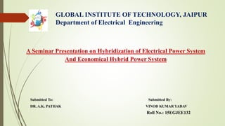 GLOBAL INSTITUTE OF TECHNOLOGY, JAIPUR
Department of Electrical Engineering
A Seminar Presentation on Hybridization of Electrical Power System
And Economical Hybrid Power System
Submitted To: Submitted By:
DR. A.K. PATHAK VINOD KUMAR YADAV
Roll No.: 15EGJEE132
 