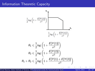 Information Theoretic Capacity




                                                1             E [Y (1)]
                                      R1          log      1+
                                                2                σ2
                                                1             E [Y (2)]
                                      R2          log      1+
                                                2                σ2
                                                1             E [Y (1) + E [Y (2)]
                             R1 + R2              log      1+
                                                2                      σ2

Vinod Sharma, Indian Institute of Science, ECE ()
                                             Fundamental Limits for Communication Systems with Renewable Energy Sources 20 / 27
                                                                                                      April 5, 2012
 