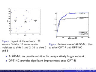 Figure: Layout of the network : 20
  sensors, 3 sinks, 10 sensor nodes         Figure: Performance of ALGO-M : Used
  multicast to sinks 1 and 2; 10 to sinks 2 to solve OPT-R and OPT-NC
  and 3

           ALGO-M can provide solution for comparatively larger network.
           OPT-NC provides signiﬁcant improvement once OPT-R


Vinod Sharma, Indian Institute of Science, ECE ()
                                             Fundamental Limits for Communication Systems with Renewable Energy Sources 26 / 27
                                                                                                      April 5, 2012
 