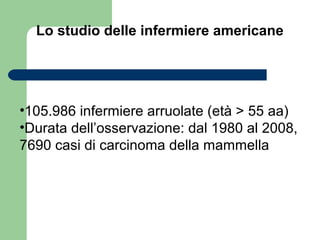 Lo studio delle infermiere americane
•105.986 infermiere arruolate (età > 55 aa)
•Durata dell’osservazione: dal 1980 al 2008,
7690 casi di carcinoma della mammella
 