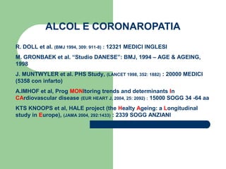 ALCOL E CORONAROPATIA
R. DOLL et al. (BMJ 1994, 309: 911-8) : 12321 MEDICI INGLESI
M. GRONBAEK et al. “Studio DANESE”: BMJ, 1994 – AGE & AGEING,
1998
J. MUNTWYLER et al. PHS Study, (LANCET 1998, 352: 1882) : 20000 MEDICI
(5358 con infarto)
A.IMHOF et al, Prog MONItoring trends and determinants In
CArdiovascular disease (EUR HEART J, 2004, 25: 2092) : 15000 SOGG 34 -64 aa
KTS KNOOPS et al, HALE project (the Healty Ageing: a Longitudinal
study in Europe), (JAMA 2004, 292:1433) : 2339 SOGG ANZIANI
 