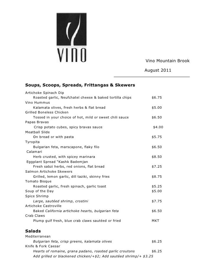 Vino - menu and wine list, August 2011