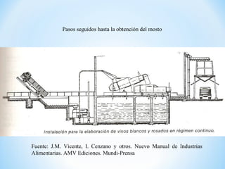 Fuente: J.M. Vicente, I. Cenzano y otros. Nuevo Manual de Industrias
Alimentarias. AMV Ediciones. Mundi-Prensa
Pasos seguidos hasta la obtención del mosto
 