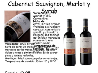 Cabernet Sauvignon, Merlot y
               Syrah
          Variedades: 85%
                         Merlot y 15%
                         Carmenere.
                         Nota de
                         cata: sutiles aromas
                         frutales a ciruelas y
                         cerezas, con notas a
                         vainilla y chocolate.
                         En boca, los taninos
                         están bien marcados
                         y presenta una
Variedades: 100% Syrah.  acidez media.
Nota de cata: De aromas y sabores muy de
                         Temperatura
marcados por las moras, servicio: especias
                         chocolate, Entre 16°
                         y 18° C.
dulces y tonos a pimienta blanca. Es de cuerpo
pleno y taninos redondos.
Maridaje: Ideal para acompañar carnes rojas.
Temperatura de servicio: Entre 16º y 18º C
 