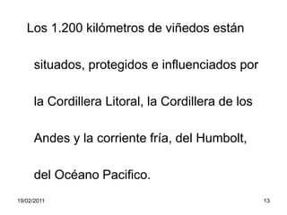   Los 1.200 kilómetros de viñedos están    situados, protegidos e influenciados por     la Cordillera Litoral, la Cordillera de los    Andes y la corriente fría, del Humbolt,     del Océano Pacifico.19/02/201113