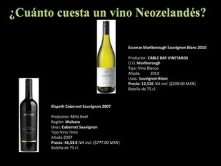 ¿Cuánto cuesta un vino Neozelandés?EssenzeMarlboroughSauvignonBlanc 2010Productor: CABLE BAY VINEYARDSD.O.:MarlboroughTipo: Vino BlancoAñada:	2010Uvas: SauvignonBlancPrecio: 12,52€ IVA incl. ($209.00 MXN)Botella de 75 cl.ElspethCabernetSauvignon 2007Productor: MillsReefRegión: WaikatoUvas: Cabernet SauvignonTipo:Vino TintoAñada:2007Precio: 46,53 € IVA incl. ($777.00 MXN)Botella de 75 cl.