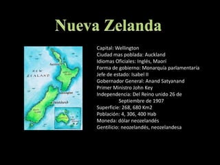 Nueva ZelandaCapital: WellingtonCiudad mas poblada: AucklandIdiomas Oficiales: Inglés, MaoríForma de gobierno: Monarquía parlamentaríaJefe de estado: Isabel IIGobernador General: AnandSatyanandPrimer Ministro John KeyIndependencia: Del Reino unido 26 de 	Septiembre de 1907Superficie: 268, 680 Km2Población: 4, 306, 400 HabMoneda: dólar neozelandésGentilicio: neozelandés, neozelandesa