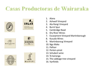 Casas Productoras de WairarakaAlanaAshwell VineyardAta Rangi VineyardBurnt SpurCambridge RoadDry River WinesEscarpment Vineyard MartinboroughKusuda WinesMartinboroug VineyardNgaWakaPalliserPorters pinotSchubert wineTe kairangaThe cabbage tree vineyardVynfields