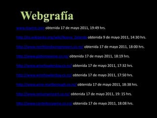 Webgrafíawww.nzwine.com obtenida 17 de mayo 2011, 19:49 hrs.http://es.wikipedia.org/wiki/Nueva_Zelandaobtenida 9 de mayo 2011, 14:30 hrs. http://www.northlandwinegrowers.co.nz/ obtenida 17 de mayo 2011, 18:00 hrs.http://www.gisbornewine.co.nz/ obtenida 17 de mayo 2011, 18:19 hrs.http://www.winehawkesbay.co.nz/ obtenida 17 de mayo 2011, 17:32 hrs.http://www.winehawkesbay.co.nz/ obtenida 17 de mayo 2011, 17:50 hrs.http://www.wine-marlborough.co.nz/ obtenida 17 de mayo 2011, 18:38 hrs.http://www.nelsonwineart.co.nz/ obtenida 17 de mayo 2011, 19: 15 hrs.http://www.canterburywine.co.nz/ obtenida 17 de mayo 2011, 18:08 hrs.