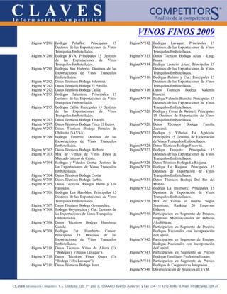 VINOS FINOS 2009
Página Nº286: Bodega Peñaflor: Principales 15           Página Nº312: Bodegas Lavaque: Principales 15
              Destinos de las Exportaciones de Vinos                  Destinos de las Exportaciones de Vinos
              Tranquilos Embotellados.                                Tranquilos Embotellados.
Página Nº286: Bodega BVA: Principales 15 Destinos       Página Nº313: Datos Técnicos Bodega Arizu - Luigi
              de las Exportaciones de Vinos                           Bosca.
              Tranquilos Embotellados.                  Página Nº314: Bodega Leoncio Arizu: Principales 15
Página Nº290: Bodegas San Huberto: Destinos de las                    Destinos de las Exportaciones de Vinos
              Exportaciones de Vinos Tranquilos                       Tranquilos Embotellados.
              Embotellados.                             Página Nº316: Bodegas Robino y Cía.: Principales 15
Página Nº292: Datos Técnicos Bodega Salentein.                        Destinos de las Exportaciones de Vinos
Página Nº292: Datos Técnicos Bodega El Portillo.                      Tranquilos Embotellados.
Página Nº292: Datos Técnicos Bodega Callia.             Página Nº316: Datos Técnicos Bodega Valentín
Página Nº295: Bodegas Salentein: Principales 15                       Bianchi.
              Destinos de las Exportaciones de Vinos    Página Nº319: Bodega Valentín Bianchi: Principales 15
              Tranquilos Embotellados.                                Destinos de las Exportaciones de Vinos
Página Nº295: Bodegas Callia: Principales 15 Destinos                 Tranquilos Embotellados.
              de las Exportaciones de Vinos             Página Nº320: Bodega y Cavas de Weinert: Principales
              Tranquilos Embotellados.                                15 Destinos de Exportación de Vinos
Página Nº297: Datos Técnicos Bodega Tittarelli.                       Tranquilos Embotellados.
Página Nº297: Datos Técnicos Bodega Finca El Retiro.    Página Nº320: Datos Técnicos Bodega Familia
Página Nº297: Datos Técnicos Bodega Parrales de                       Zuccardi.
              Chilecito (SAVSA).                        Página Nº322: Bodega y Viñedos La Agrícola:
Página Nº298: Bodega Tittarelli: Destinos de las                      Principales 15 Destinos de Exportación
              Exportaciones de Vinos Tranquilos                       de Vinos Tranquilos Embotellados.
              Embotellados.                             Página Nº325: Datos Técnicos Bodega Fecovita.
Página Nº302: Datos Técnicos Bodega Bórbore.            Página Nº327: Bodega Fecovita: Principales 15
Página Nº303: Mix de Ventas de Vinos Finos al                         Destinos de las Exportaciones de Vinos
              Mercado Interno de Crotta.                              Tranquilos Embotellados.
Página Nº304: Bodegas y Viñedos Crotta: Destinos de     Página Nº328: Datos Técnicos Bodega La Riojana.
              las Exportaciones de Vinos Tranquilos     Página Nº329: Bodega La Riojana: Principales 15
              Embotellados.                                           Destinos de Exportación de Vinos
Página Nº304: Datos Técnicos Bodega Crotta.                           Tranquilos Embotellados.
Página Nº305: Datos Técnicos Bodega Garbín.             Página Nº331: Datos Técnicos Bodega Del Fin del
Página Nº305: Datos Técnicos Bodegas Balbo y Los                      Mundo.
              Haroldos.                                 Página Nº332: Bodega La Inversora: Principales 15
Página Nº306: Bodegas Los Haroldos: Principales 15                    Destinos de Exportación de Vinos
              Destinos de las Exportaciones de Vinos                  Tranquilos Embotellados.
              Tranquilos Embotellados.                  Página Nº339: Mix de Ventas al Interno Según
Página Nº307: Datos Técnicos Bodega Goyenechea.                       Segmento, Ranking 20 Empresas
Página Nº308: Bodegas Goyenechea y Cia.: Destinos de                  Lideres.
              las Exportaciones de Vinos Tranquilos     Página Nº340: Participación en Segmento de Precios,
              Embotellados.                                           Empresas Multinacionales de Bebidas
Página Nº308: Datos Técnicos Bodega Humberto                          Alcohólicas.
              Canale.                                   Página Nº341: Participación en Segmento de Precios,
Página Nº309: Bodegas Est. Humberto Canale:                           Bodegas Nacionales con Incorporación
              Principales 15 Destinos de las                          de Capital.
              Exportaciones de Vinos Tranquilos         Página Nº342: Participación en Segmento de Precios,
              Embotellados.                                           Bodegas Nacionales con Incorporación
Página Nº310: Datos Técnicos Viñas de Altura (Ex                      de Capital.
              “Bodegas y Viñedos Lavaque”).             Página Nº343: Participación en Segmento de Precios
Página Nº310: Datos Técnicos Finca Quara (Ex                          Bodegas Familiares Profesionalizadas.
              “Bodega Félix Lavaque”).                  Página Nº344: Participación en Segmento de Precios
Página Nº311: Datos Técnicos Bodega Suter.                            Bodegas de Cooperativas Integradas.
                                                        Página Nº346: Diversificación de Negocios en EVM.
 