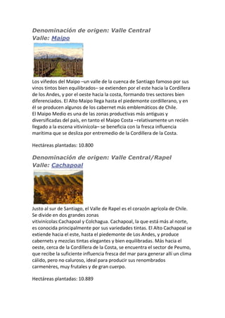 Denominación de origen: Valle Central
Valle: Maipo
Los viñedos del Maipo –un valle de la cuenca de Santiago famoso por sus
vinos tintos bien equilibrados– se extienden por el este hacia la Cordillera
de los Andes, y por el oeste hacia la costa, formando tres sectores bien
diferenciados. El Alto Maipo llega hasta el piedemonte cordillerano, y en
él se producen algunos de los cabernet más emblemáticos de Chile.
El Maipo Medio es una de las zonas productivas más antiguas y
diversificadas del país, en tanto el Maipo Costa –relativamente un recién
llegado a la escena vitivinícola– se beneficia con la fresca influencia
marítima que se desliza por entremedio de la Cordillera de la Costa.
Hectáreas plantadas: 10.800
Denominación de origen: Valle Central/Rapel
Valle: Cachapoal
Justo al sur de Santiago, el Valle de Rapel es el corazón agrícola de Chile.
Se divide en dos grandes zonas
vitivinícolas:Cachapoal y Colchagua. Cachapoal, la que está más al norte,
es conocida principalmente por sus variedades tintas. El Alto Cachapoal se
extiende hacia el este, hasta el piedemonte de Los Andes, y produce
cabernets y mezclas tintas elegantes y bien equilibradas. Más hacia el
oeste, cerca de la Cordillera de la Costa, se encuentra el sector de Peumo,
que recibe la suficiente influencia fresca del mar para generar allí un clima
cálido, pero no caluroso, ideal para producir sus renombrados
carmenères, muy frutales y de gran cuerpo.
Hectáreas plantadas: 10.889
 