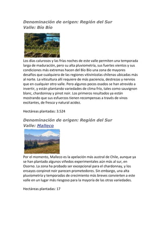 Denominación de origen: Región del Sur
Valle: Bío Bío
Los días calurosos y las frías noches de este valle permiten una temporada
larga de maduración, pero su alta pluviometría, sus fuertes vientos y sus
condiciones más extremas hacen del Bío Bío una zona de mayores
desafíos que cualquiera de las regiones vitivinícolas chilenas ubicadas más
al norte. La viticultura allí requiere de más paciencia, destrezas y nervios
que en cualquier otro valle. Pero algunos pocos osados se han atrevido a
invertir, y están plantando variedades de clima frío, tales como sauvignon
blanc, chardonnay y pinot noir. Los primeros resultados ya están
mostrando que sus esfuerzos tienen recompensas a través de vinos
excitantes, de fresca y natural acidez.
Hectáreas plantadas: 3.524
Denominación de origen: Región del Sur
Valle: Malleco
Por el momento, Malleco es la apelación más austral de Chile, aunque ya
se han plantado algunos viñedos experimentales aún más al sur, en
Osorno. La zona ha probado ser excepcional para el chardonnay, y los
ensayos conpinot noir parecen prometedores. Sin embargo, una alta
pluviometría y temporadas de crecimiento más breves convierten a este
valle en un lugar más riesgoso para la mayoría de las otras variedades.
Hectáreas plantadas: 17
 