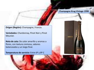 Champagne Krug Vintage 1998




Origen (Región): Champagne, Francia.

Variedades: Chardonnay, Pinot Noir y Pinot
Meunier.

Nota de cata: De color amarillo y aromas a
flores, con textura cremosa, sabores
balanceados y un largo final.

Temperatura de servicio: Entre 6º y 8º C
 