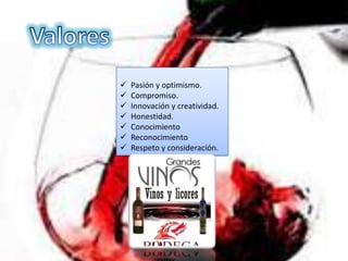    Pasión y optimismo.
   Compromiso.
   Innovación y creatividad.
   Honestidad.
   Conocimiento
   Reconocimiento
   Respeto y consideración.
 