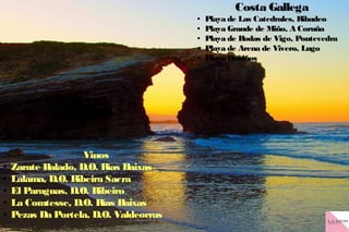 Costa Gallega
● Playa de Las Catedrales, Ribadeo
● Playa Grande de Miño, A Coruña
● Playa de Rodas de Vigo, Pontevedra
● Playa de Arena de Vivero, Lugo
● Playa Doniños
Vinos
● Zarate Balado, D.O. Rías Baixas
● Lalama, D.O. Ribeira Sacra
● El Paraguas, D.O. Ribeiro
● La Comtesse, D.O. Rías Baixas
● Pezas Da Portela, D.O. Valdeorras
 