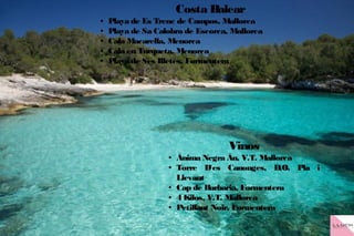 Costa Balear
● Playa de Es Trenc de Campos, Mallorca
● Playa de Sa Calobra de Escorca, Mallorca
● Cala Macarella, Menorca
● Cala en Turqueta, Menorca
● Playa de Ses Illetes, Formentera
Vinos
● Ánima Negra Án, V.T. Mallorca
● Torre D´es Canonges, D.O. Pla i
Llevant
● Cap de Barbaria, Formentera
● 4 Kilos, V.T. Mallorca
● Petillant Noir, Formentera
 