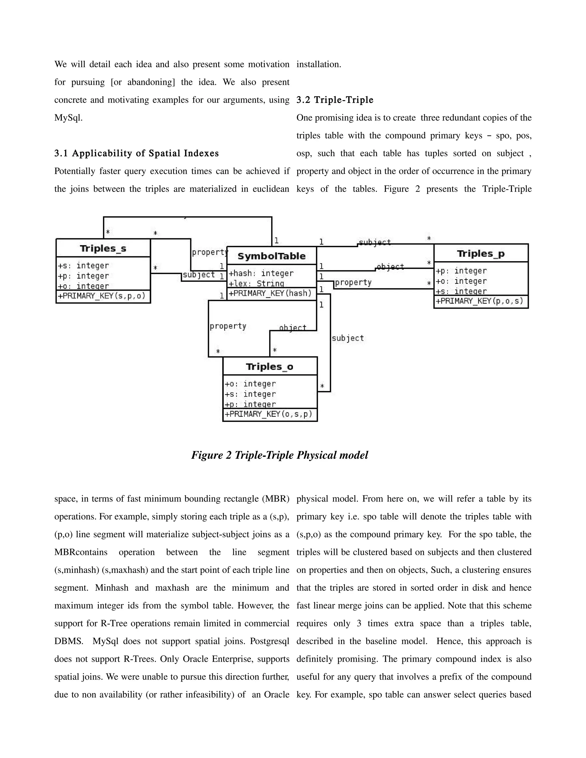 We will detail each idea and also present some motivation installation.
for pursuing [or abandoning] the idea. We also present
concrete and motivating examples for our arguments, using 3.2 Triple-Triple
MySql.                                                         One promising idea is to create three redundant copies of the
                                                               triples table with the compound primary keys – spo, pos,
3.1 Applicability of Spatial Indexes                           osp, such that each table has tuples sorted on subject ,
Potentially faster query execution times can be achieved if property and object in the order of occurrence in the primary
the joins between the triples are materialized in euclidean keys of the tables. Figure 2 presents the Triple-Triple




                                   Figure 2 Triple­Triple Physical model


space, in terms of fast minimum bounding rectangle (MBR) physical model. From here on, we will refer a table by its
operations. For example, simply storing each triple as a (s,p), primary key i.e. spo table will denote the triples table with
(p,o) line segment will materialize subject-subject joins as a (s,p,o) as the compound primary key. For the spo table, the
MBRcontains     operation    between    the   line   segment triples will be clustered based on subjects and then clustered
(s,minhash) (s,maxhash) and the start point of each triple line on properties and then on objects, Such, a clustering ensures
segment. Minhash and maxhash are the minimum and that the triples are stored in sorted order in disk and hence
maximum integer ids from the symbol table. However, the fast linear merge joins can be applied. Note that this scheme
support for R-Tree operations remain limited in commercial requires only 3 times extra space than a triples table,
DBMS. MySql does not support spatial joins. Postgresql described in the baseline model. Hence, this approach is
does not support R-Trees. Only Oracle Enterprise, supports definitely promising. The primary compound index is also
spatial joins. We were unable to pursue this direction further, useful for any query that involves a prefix of the compound
due to non availability (or rather infeasibility) of an Oracle key. For example, spo table can answer select queries based
 