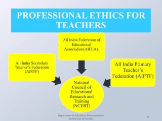 PROFESSIONAL ETHICS FOR
TEACHERS
Department of Education, Manonmaniam
Sundaranar University.
20
National
Council of
Educational
Research and
Training
(NCERT)
All India Secondary
Teacher’s Federation
(AISTF)
All India Federation of
Educational
Association(AIFEA).
All India Primary
Teacher’s
Federation (AIPTF)
 