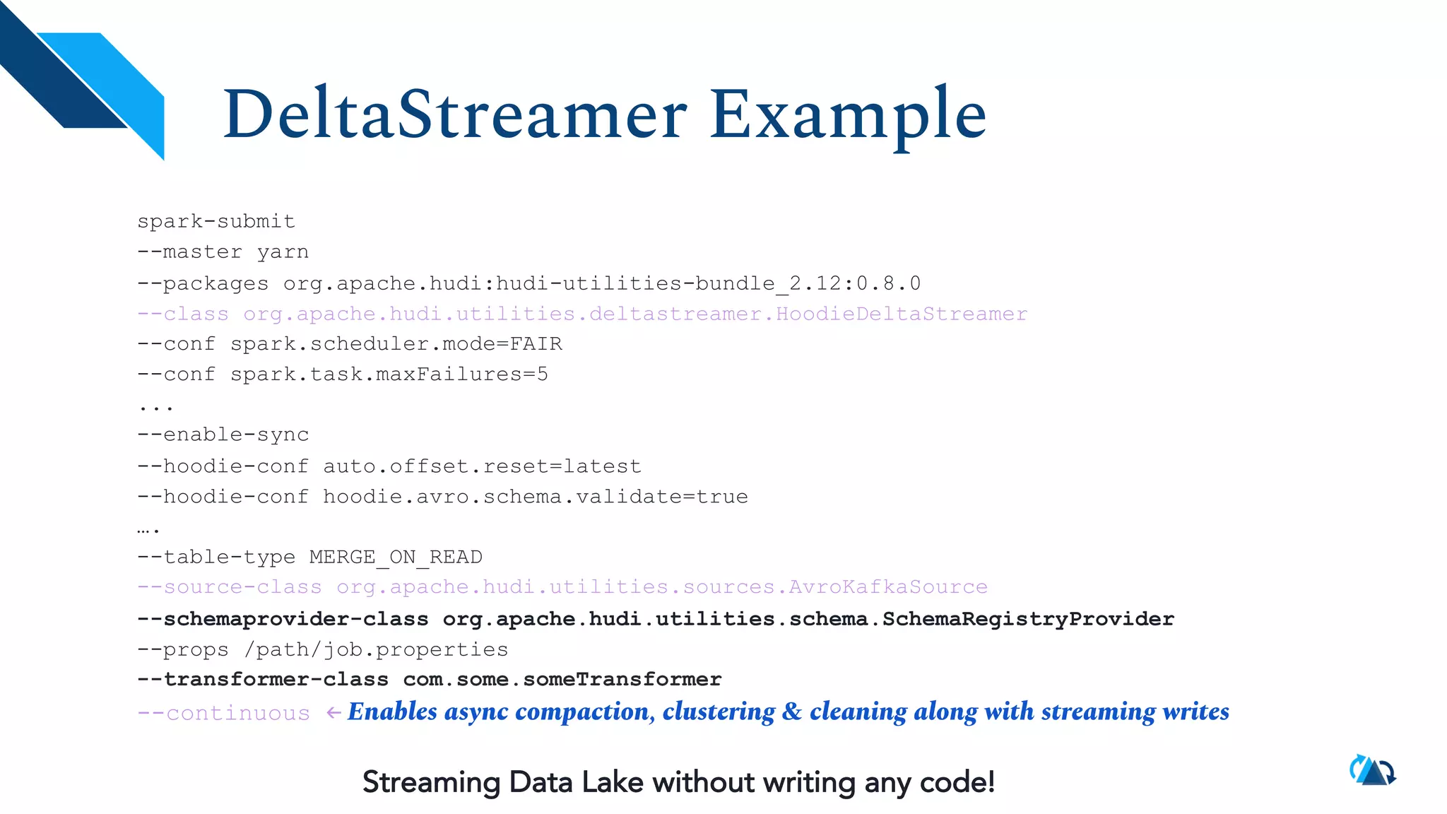 DeltaStreamer Example spark-submit --master yarn --packages org.apache.hudi:hudi-utilities-bundle_2.12:0.8.0 --class org.apache.hudi.utilities.deltastreamer.HoodieDeltaStreamer --conf spark.scheduler.mode=FAIR --conf spark.task.maxFailures=5 ... --enable-sync --hoodie-conf auto.offset.reset=latest --hoodie-conf hoodie.avro.schema.validate=true …. --table-type MERGE_ON_READ --source-class org.apache.hudi.utilities.sources.AvroKafkaSource --schemaprovider-class org.apache.hudi.utilities.schema.SchemaRegistryProvider --props /path/job.properties --transformer-class com.some.someTransformer --continuous ← Enables async compaction, clustering & cleaning along with streaming writes Streaming Data Lake without writing any code! 
