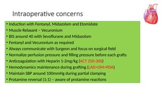 Intraoperative concerns
• Induction with Fentanyl, Midazolam and Etomidate
• Muscle Relaxant – Vecuronium
• BIS around 40 with Sevoflurane and Midazolam
• Fentanyl and Vecuronium as required
• Always communicate with Surgeon and focus on surgical field
• Normalize perfusion pressure and filling pressure before each grafts
• Anticoagulation with Heparin 1-2mg/kg (ACT 250-300)
• Hemodynamics maintenance during grafting (LAD>OM>PDA)
• Maintain SBP around 100mmHg during partial clamping
• Protamine reversal (1:1) – aware of protamine reactions
 