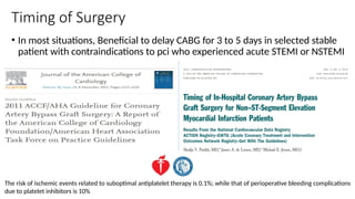 Timing of Surgery
• In most situations, Beneficial to delay CABG for 3 to 5 days in selected stable
patient with contraindications to pci who experienced acute STEMI or NSTEMI
The risk of ischemic events related to suboptimal antiplatelet therapy is 0.1%; while that of perioperative bleeding complications
due to platelet inhibitors is 10%
 