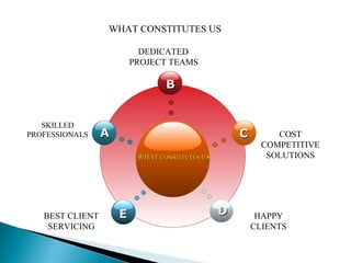 DEDICATED PROJECT TEAMS WHAT CONSTITUTES US WHAT  CONSTITUTES  US B E C D A SKILLED PROFESSIONALS COST COMPETITIVE SOLUTIONS BEST CLIENT SERVICING HAPPY CLIENTS 
