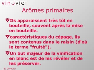 Arômes primaires Ils apparaissent très tôt en bouteille, souvent après la mise en bouteille.  caractéristiques du cépage, ils sont contenus dans le raisin (d'où le terme "fruité"). Un but majeur de la vinification en blanc est de les révéler et de les préserver. 
