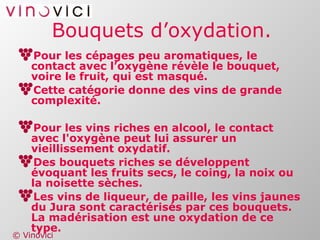 Bouquets d’oxydation. Pour les cépages peu aromatiques, le contact avec l’oxygène révèle le bouquet, voire le fruit, qui est masqué. Cette catégorie donne des vins de grande complexité. Pour les vins riches en alcool, le contact avec l'oxygène peut lui assurer un vieillissement oxydatif. Des bouquets riches se développent évoquant les fruits secs, le coing, la noix ou la noisette sèches. Les vins de liqueur, de paille, les vins jaunes du Jura sont caractérisés par ces bouquets. La madérisation est une oxydation de ce type. 