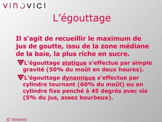 L’égouttage Il s'agit de recueillir le maximum de jus de goutte, issu de la zone médiane de la baie, la plus riche en sucre. L'égouttage  statique  s'effectue par simple gravité (50% du moût en deux heures). L'égouttage  dynamique  s'effectue par cylindre tournant (60% du moût) ou en cylindre fixe penché à 45 degrés avec vis (5% du jus, assez bourbeux). 