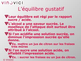 L’équilibre gustatif Leur équilibre est régi par le rapport sucre / acide. L'alcool a une saveur sucrée. Le moelleux de l'attaque doit surtout être attribué à l'alcool. Si l'on acidifie une solution sucrée, on diminue l'impression sucrée qu'elle donne. Ex. mettre un jus de citron sur les fraises très mûres Si l'on sucre une solution acide, on affaiblit l'impression acide. Ex. : sucrer les fraises ou un jus de citron.   