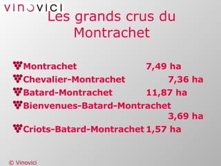 Les grands crus du Montrachet Montrachet 7,49 ha Chevalier-Montrachet 7,36 ha Batard-Montrachet 11,87 ha Bienvenues-Batard-Montrachet 3,69 ha Criots-Batard-Montrachet 1,57 ha   