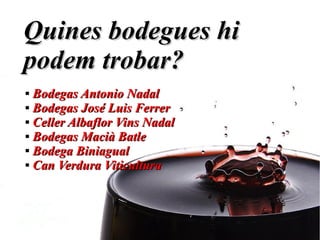 Quines bodegues hiQuines bodegues hi
podem trobar?podem trobar?

Bodegas Antonio NadalBodegas Antonio Nadal

Bodegas José Luis FerrerBodegas José Luis Ferrer

Celler Albaflor Vins NadalCeller Albaflor Vins Nadal

Bodegas Macià BatleBodegas Macià Batle

Bodega BiniagualBodega Biniagual

Can Verdura ViticulturaCan Verdura Viticultura
 